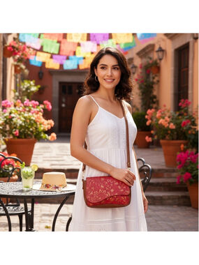 2 Straps Rojo Red Brown Embossed Tooled Artisan LEATHER Crossbody Shoulder Bag